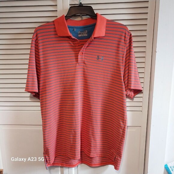 Under Armour Mens HeatGear Loose Fit Polo Shirt Red/Blue Striped LG 24" Armpit T - Picture 6 of 9